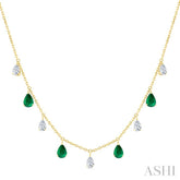 6X4 MM Pear Shape Emerald and 1 Ctw Pear Cut Diamond Precious Station Necklace in 14K Yellow Gold