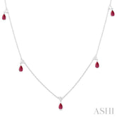 5X3 MM Pear Shape Ruby and 1/4 Ctw Round Cut Diamonds Precious Station Necklace in 14K White Gold