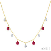 6X4 MM Pear Shape Ruby and 1 Ctw Pear Cut Diamond Precious Station Necklace in 14K Yellow Gold
