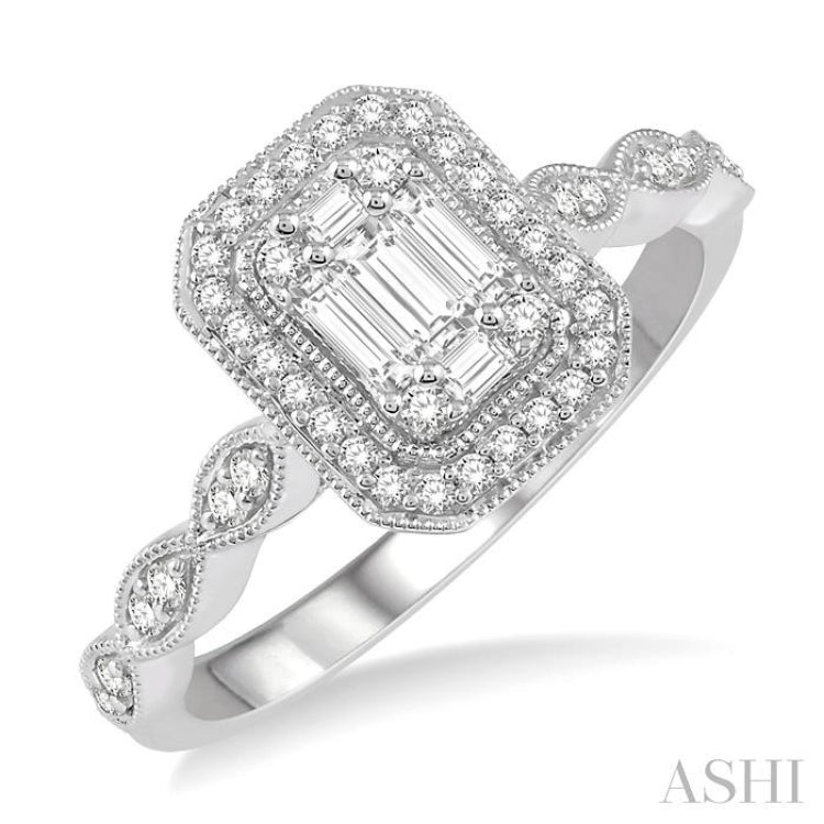 3/8 Ctw Emerald Shape Round Cut and Baguette Diamond Fusion Engagement Ring in 14K White Gold