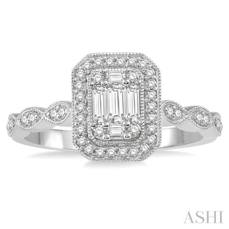 3/8 Ctw Emerald Shape Round Cut and Baguette Diamond Fusion Engagement Ring in 14K White Gold