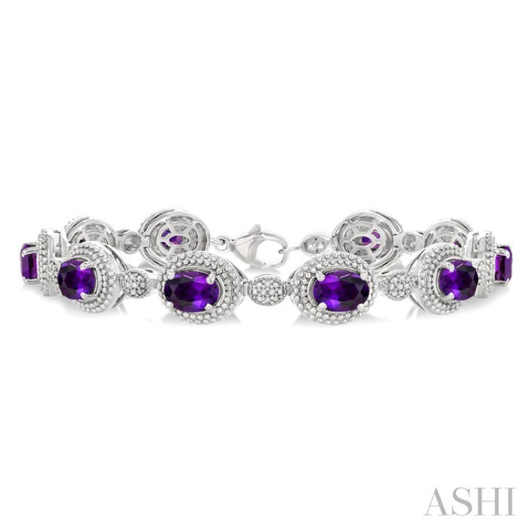 7X5 MM Oval Shape Amethyst and 1/10 Ctw Round Cut Diamond Semi-Precious Bracelet in Sterling Silver