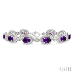 7X5 MM Oval Shape Amethyst and 1/10 Ctw Round Cut Diamond Semi-Precious Bracelet in Sterling Silver
