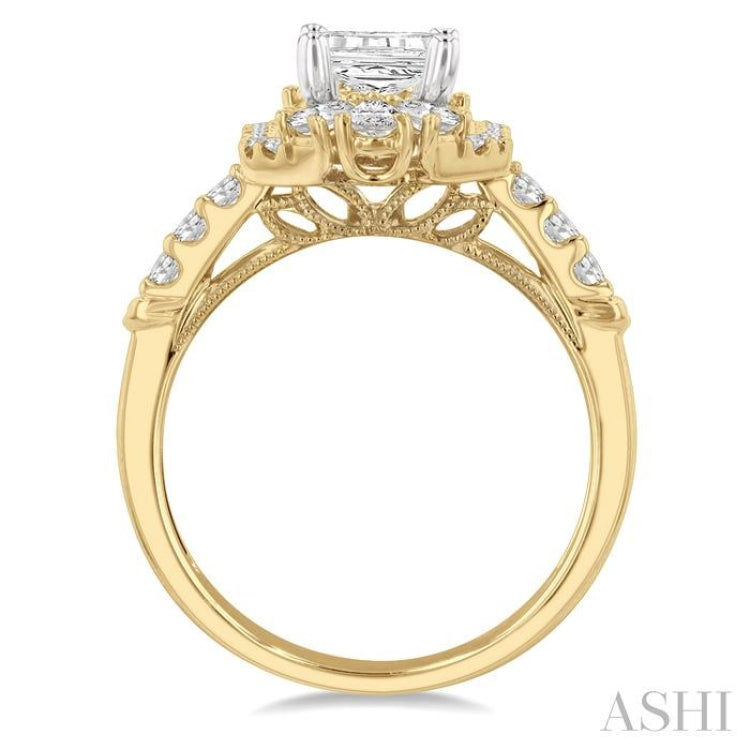 5/8 Ctw Octagonal Shape Pear and Round Cut Diamond Semi-Mount Engagement Ring in 14K Yellow and White Gold