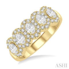1 Ctw Oval Shape 5 Stone Oval & Round Cut Diamond Halo Wedding Band in 14K Yellow Gold