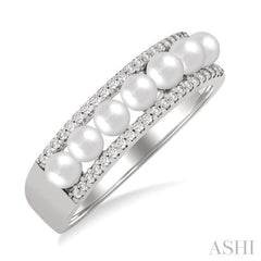3 MM Cultured Pearl and 1/5 Ctw Round Cut Diamond Fashion Band in 14K White Gold