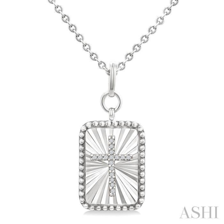 1/20 Ctw Rectangle Fluted Medallion Round Cut Diamond Cross Pendant With Chain in Sterling Silver