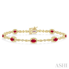5x3 MM Oval Cut Ruby and 1/20 Ctw Round Cut Diamond Bracelet in 10K Yellow Gold