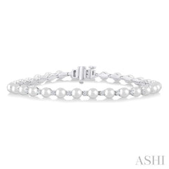 4 MM Round Shape Cultured Pearl and 3/4 Ctw Round Cut Diamond Tennis Bracelet in 14K White Gold