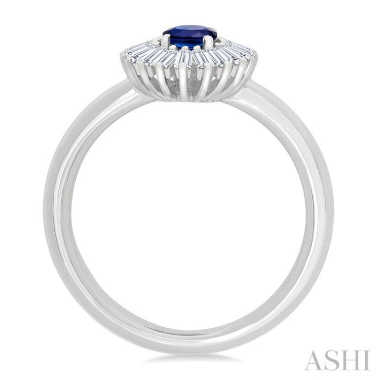 6X4 MM Oval Cut Sapphire and 1/3 Ctw Baguette Cut Diamond Halo Precious Fashion Ring in 14K White Gold