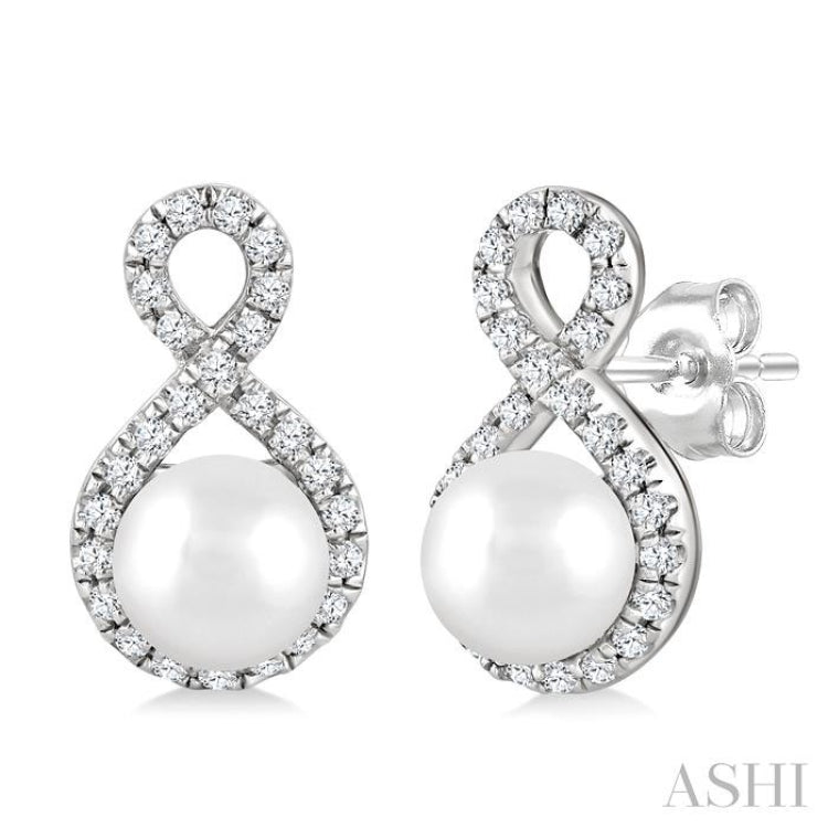 5 MM Cultured Pearls and 1/5 Ctw Round Cut Diamond Petite Earrings 10K White Gold