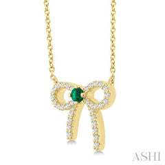2.40 MM Round Shape Emerald and 1/8 Ctw Bow Round Cut Diamond Fashion Pendant With Chain in 10k Yellow Gold