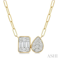 1/2 Ctw Lovebright Emerald and Pear Shape Toi Et Moi Baguette and Round Cut Diamond Necklace in 14K Yellow and White Gold