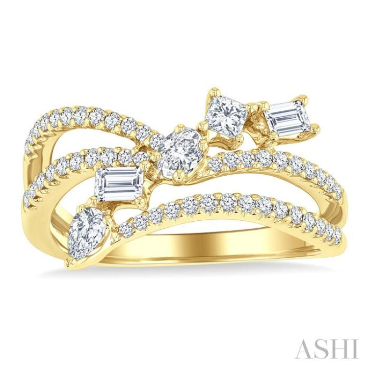 3/4 Ctw Split Shank Mixed Diamond Cut Fashion Ring in 14K Yellow Gold