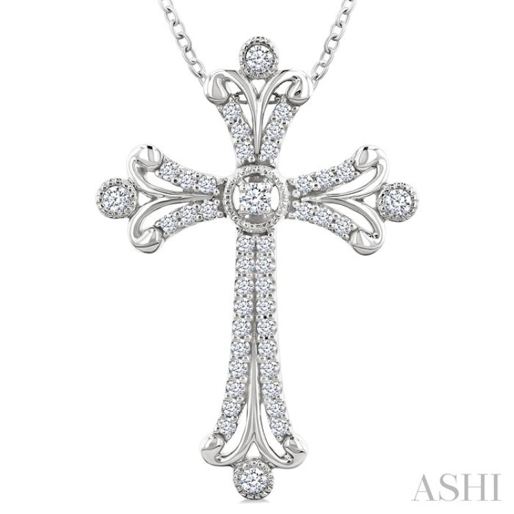 1/3 Ctw Cross Round Cut Diamond Fashion Pendant With Chain in 14K White Gold