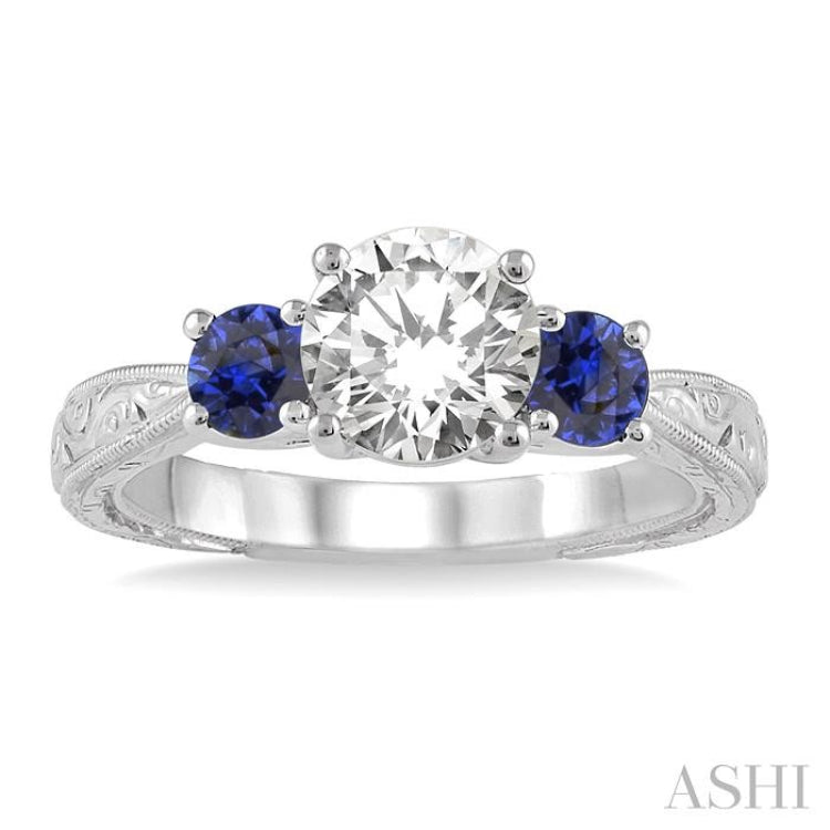 4 MM Round Cut Sapphire and 1/50 Ctw Diamond Semi-Mount Engagement Ring in 14K White Gold