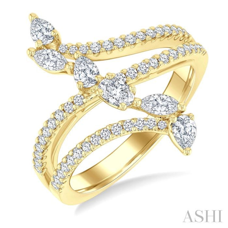 3/4 Ctw Three-Way Split Shank Mixed Diamond Cut Fashion Ring in 14K Yellow Gold