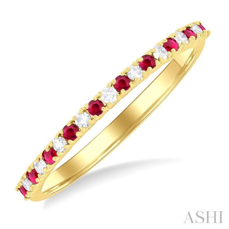 1.35 MM Round Shape Ruby and 1/10 Ctw Petite Round Cut Diamond Precious Stack Band in 10K Yellow Gold