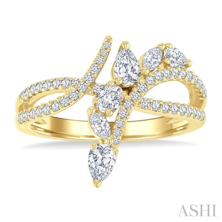 7/8 Ctw Split Bypass Shank Mixed Diamond Cut Fashion Ring in 14K Yellow Gold