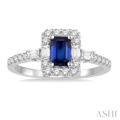6x4 MM Octagon Cut Sapphire and 1/2 Ctw Round Cut Diamond Precious Ring in 14K White Gold