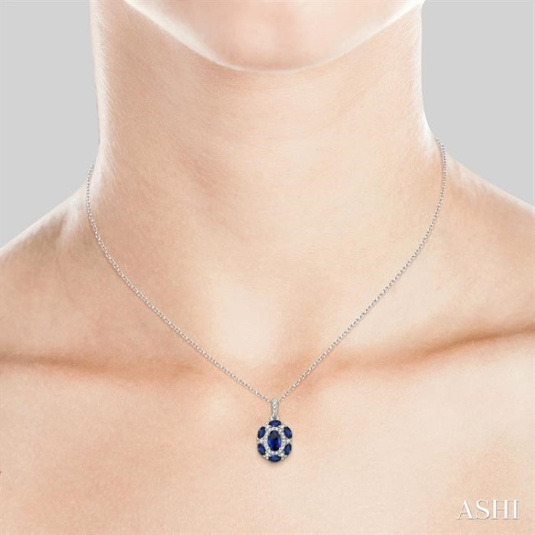6x4 MM Oval Cut & 4x2 MM Marquise Cut Sapphire and 1/6 Ctw Round Cut Diamond Precious Pendant With Chain in 14K White Gold