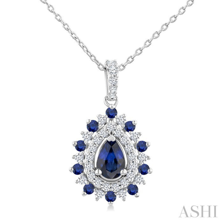 6X4 MM Pear Cut & 1.55 MM Round Cut Sapphire and 1/4 Ctw Round Cut Diamond Floral Precious Pendant With Chain in 14K White Gold