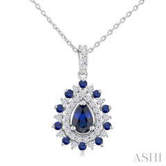 6X4 MM Pear Cut & 1.55 MM Round Cut Sapphire and 1/4 Ctw Round Cut Diamond Floral Precious Pendant With Chain in 14K White Gold