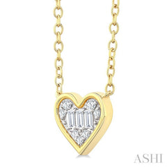 1/6 Ctw Petite Bezel Set Heart Shape Fusion Baguette and Round Cut Diamond Fashion Pendant With Chain in 10K Yellow Gold