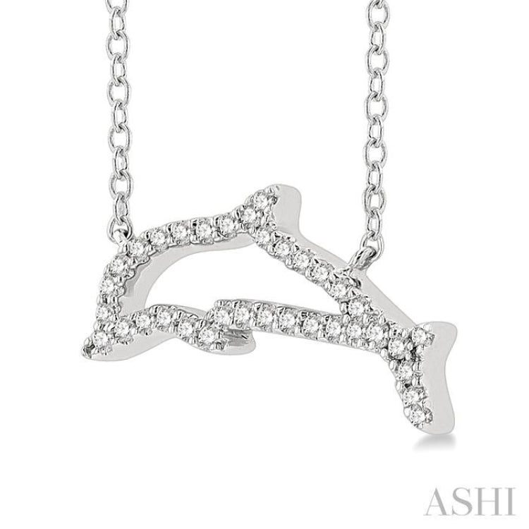 1/10 Ctw Sea Life Petite Dolphin Round Cut Diamond Fashion Pendant With Chain in 10K White Gold