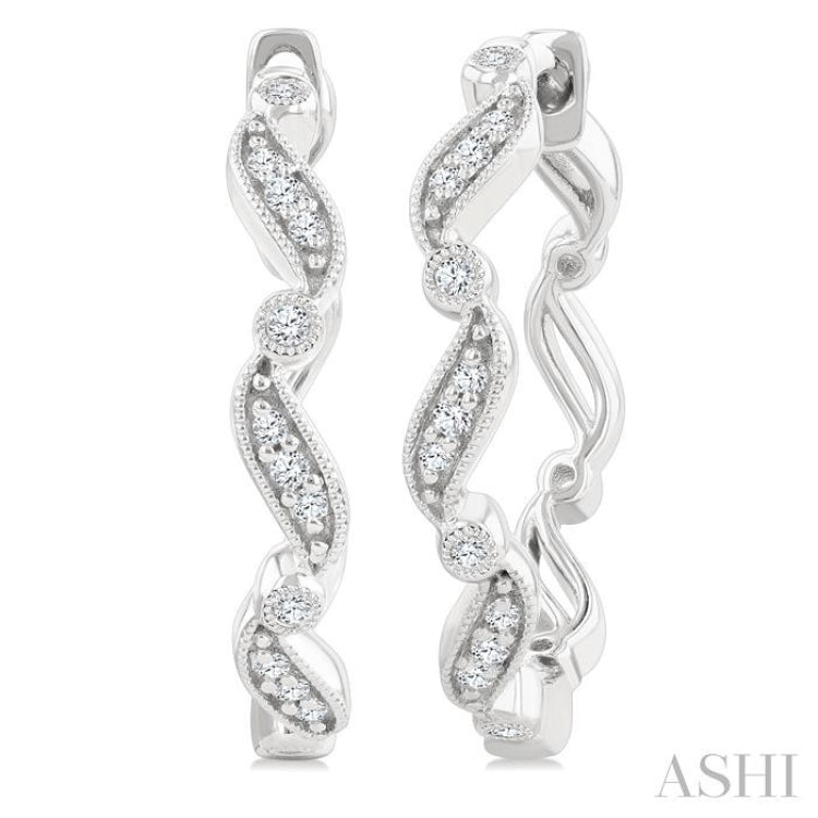 1/8 Ctw Wavy Pattern Round Cut Diamond Fashion Hoop Earrings in 10K White Gold