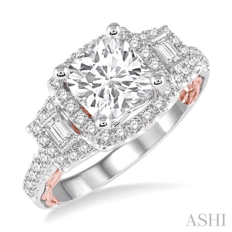 5/8 Ctw Cushion Shape Semi-Mount Baguette and Round Cut Diamond Engagement Ring in 14K White and Rose Gold
