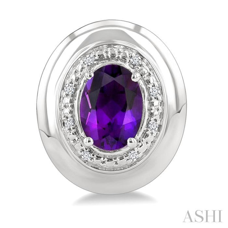 7X5 MM Oval Shape Amethyst and 1/20 Ctw Round Cut Diamond Semi-Precious Earrings in Sterling Silver