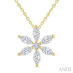 1/3 Ctw Floral Motif Marquise and Round Cut Diamond Fashion Pendant With Chain in 14K Yellow Gold