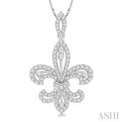 7/8 Ctw Round Cut Diamond Fleur De Lis Diamond Pendant in 14K White Gold with Chain