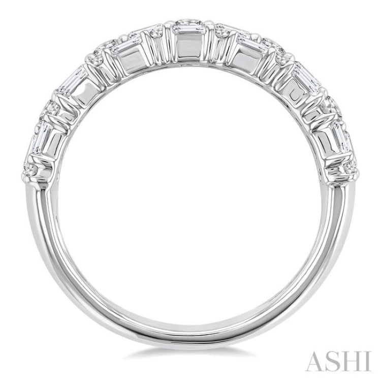 1 1/2 Ctw Triple Row Emerald, Baguette and Round Cut Diamond Fashion Band in 14K White Gold