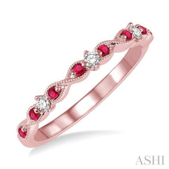 1.25 MM Ruby and 1/10 Ctw Round Cut Diamond Precious Wedding Band in 14K Rose Gold