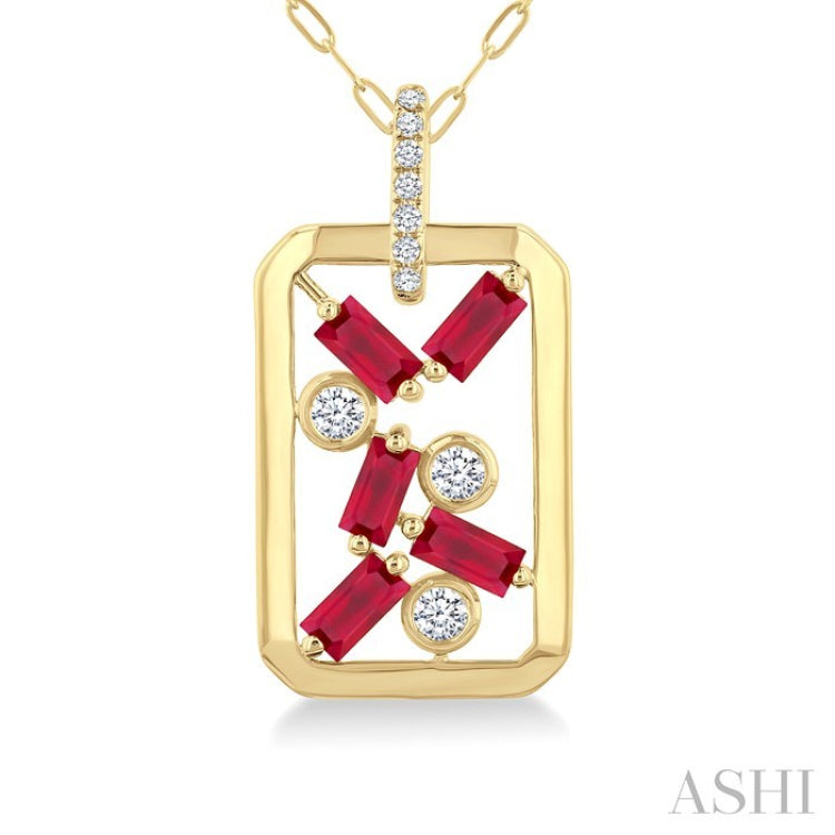 4x2 MM Scatter Baguette Cut Ruby and 1/6 Ctw Round Cut Diamond Precious Fashion Pendant With Chain in 14K Yellow Gold