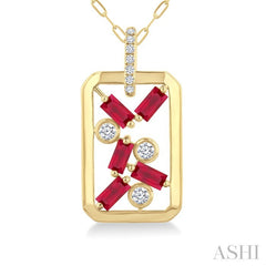 4x2 MM Scatter Baguette Cut Ruby and 1/6 Ctw Round Cut Diamond Precious Fashion Pendant With Chain in 14K Yellow Gold
