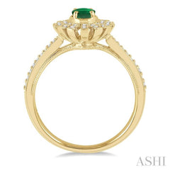 6x4 MM Floral Oval Shape Emerald and 1/5 Ctw Round Cut Diamond Precious Ring in 10K Yellow Gold