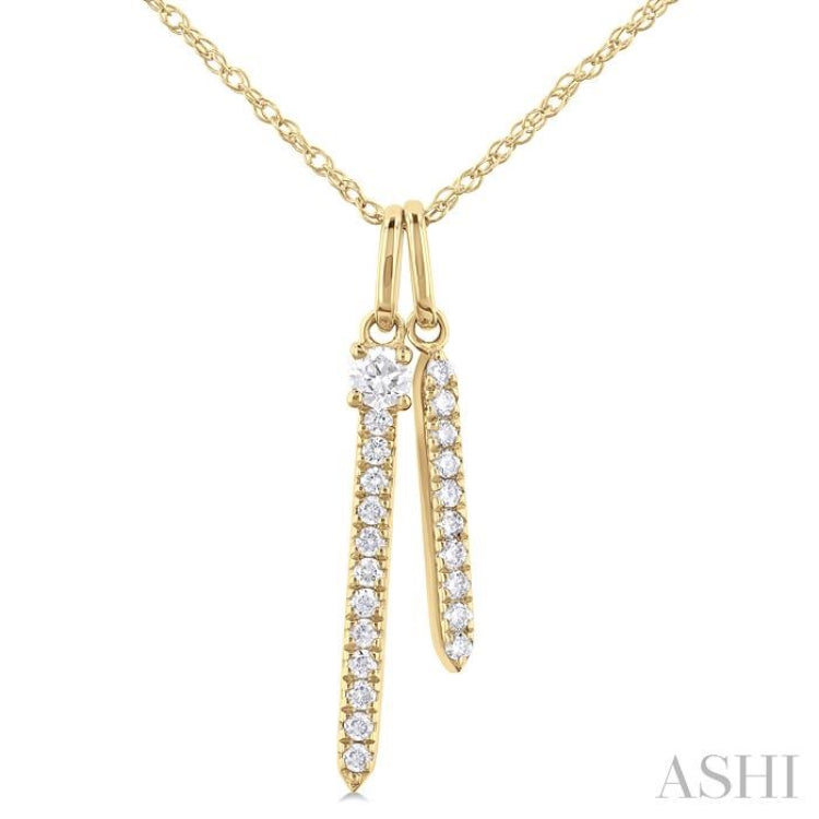 1/6 Ctw Twin Vertical Bar Round Cut Diamond Fashion Pendant With Chain in 14K Yellow Gold