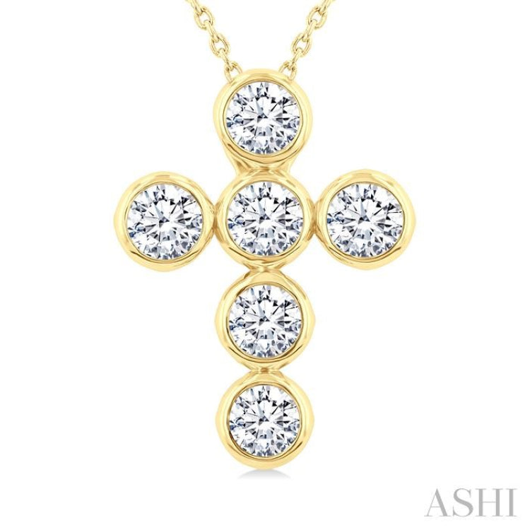 2 Ctw Round Cut Diamond 6-Stone Bezel Set Cross Pendant With Chain in 14K Yellow Gold