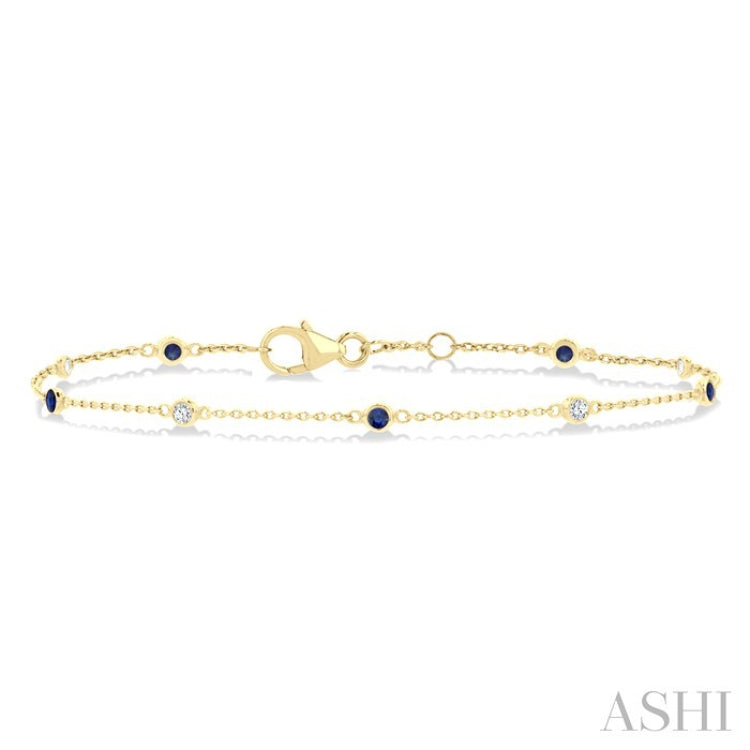 1.8 MM Sapphire and 1/10 Ctw Bezel Set Round Cut Diamond Precious Gemstone Station Bracelet in 14K Yellow Gold