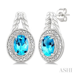 8X6 MM Cushion Shape Blue Topaz and 1/20 Ctw Round Cut Diamond Semi-Precious Earrings in Sterling Silver