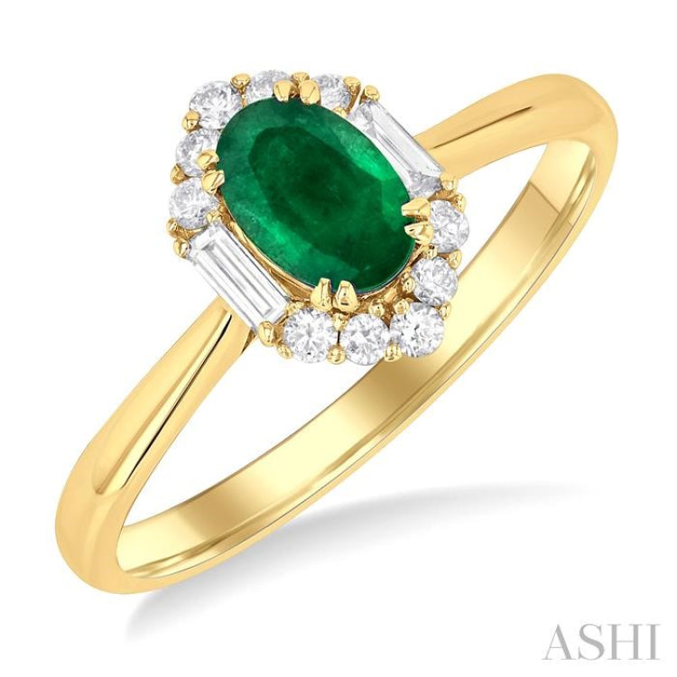 6x4 MM Oval Cut Emerald and 1/5 Ctw Baguette & Round Cut Diamond Hexagon Shape Halo Precious Ring in 10K Yellow Gold