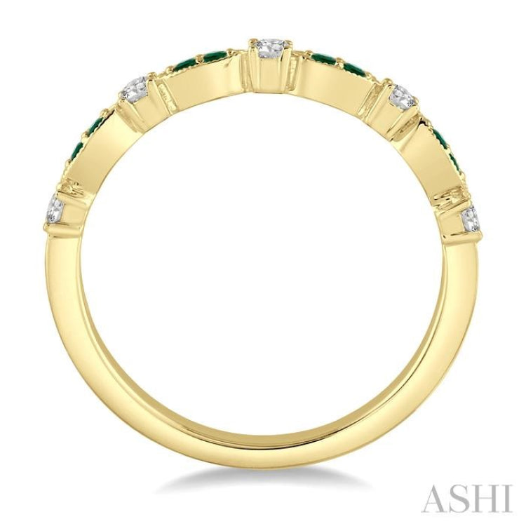 1.35 MM Emerald and 1/6 Ctw Round Cut Diamond Precious Stone Wedding Band in 14K Yellow Gold