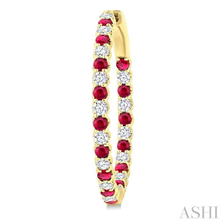 2.3 MM Round Ruby and 1 1/2 Ctw Round Cut Diamond Inside & Outside Alternating Precious Hoop Earrings in 14K Yellow Gold