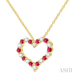 1.80 MM Round Cut Ruby and 1/4 Ctw Open Heart Round Cut Diamond Precious Fashion Pendant With Chain in 14K Yellow Gold