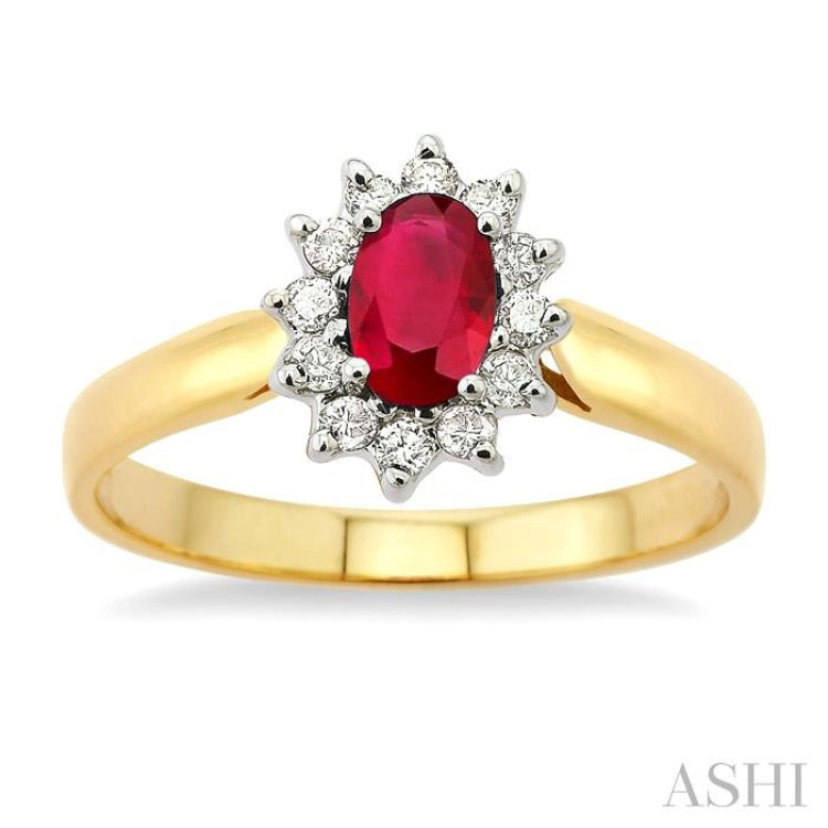 6x4MM Oval Cut Ruby and 1/5 Ctw Round Cut Diamond Ring in 14K Yellow Gold