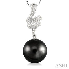 10 MM Black Cultured Pearl and 1/8 Ctw Round Cut Diamond Pendant in 14K White Gold with Chain