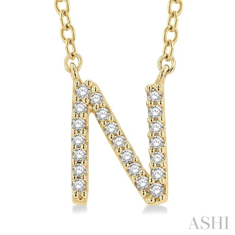 1/20 Ctw Initial 'N' Round Cut Diamond Pendant With Chain in 10K Yellow Gold